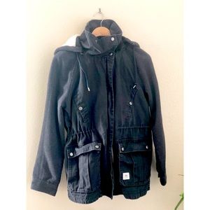 Vans Denim Cargo Hooded Jean Jacket Black Removable Vest Lining Hood Size M